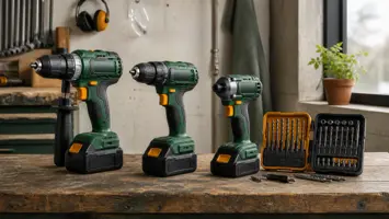 Tre akku-boremaskiner med batterier og bits på et værkstedsbord