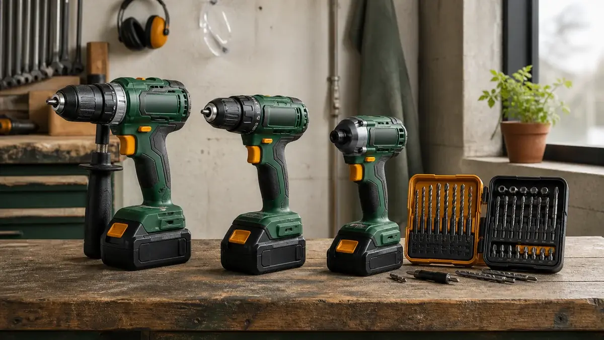 Tre akku-boremaskiner med batterier og bits på et værkstedsbord