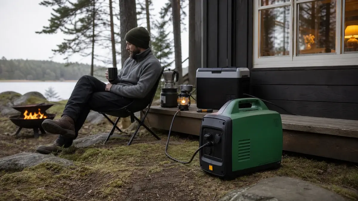Kompakt invertergenerator leverer strøm ved en hytte