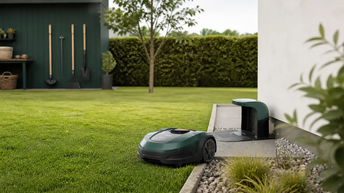 Robotplæneklipper følger kanten mod sin ladestation